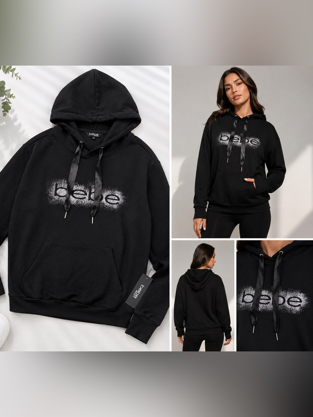 BEBE Sport Black Foil Logo Hoodie NWT Size L